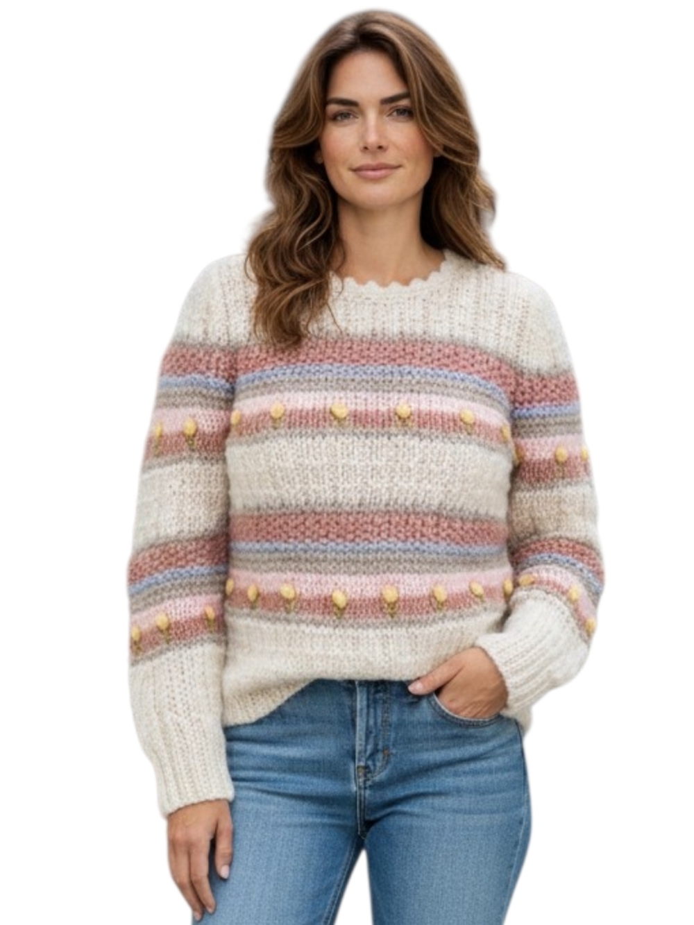 Vintage Grannycore Hand Knit Sweater 3D Flowers Pastel Stripes Cottagecore M/L